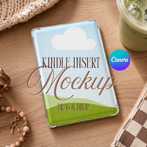 May include: A clear rectangular Kindle insert mockup featuring a light blue sky with a white cloud and a green grassy hill at the bottom. The text reads KINDLE INSERT Mockup and DRAG & DROP in brown lettering. A circular Canva logo is visible.