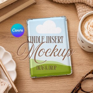 May include: A rectangular clear plastic e-reader case featuring a graphic insert with a light blue sky, a single white cloud, and a green grassy hill. The text "KINDLE INSERT Mockup" and "DRAG & DROP" is printed in brown over the graphic design.