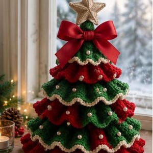 Puede incluir: Una decoración de árbol de Navidad tejida a ganchillo con niveles ondulados alternos de hilo rojo y verde. El árbol está adornado con pequeñas cuentas blancas tipo perla y rematado con una estrella tejida en beige y un lazo de satén rojo.