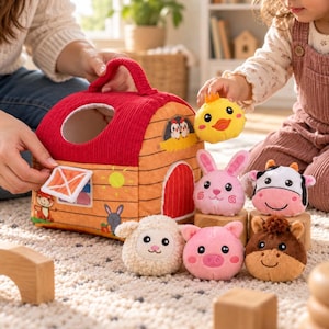May include: A plush red and tan barn-shaped toy house with a handle, featuring embroidered animal graphics. It comes with six small, round, soft plush animal figures: a yellow chick, pink rabbit, black and white cow, white sheep, pink pig, and brown horse.