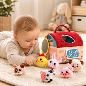 May include: A plush barn-shaped toy house with a red corduroy roof and a handle, accompanied by six small stuffed animal toys including a yellow chick, pink rabbit, white sheep, pink pig, black and white cow, and a brown and white puppy.