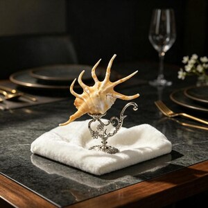 May include: A light tan, multi-pointed seashell rests atop a decorative, ornate silver-toned metal stand. The stand features intricate scrollwork and floral detailing, providing a stable base for the shell, which displays natural ridges and spikes.