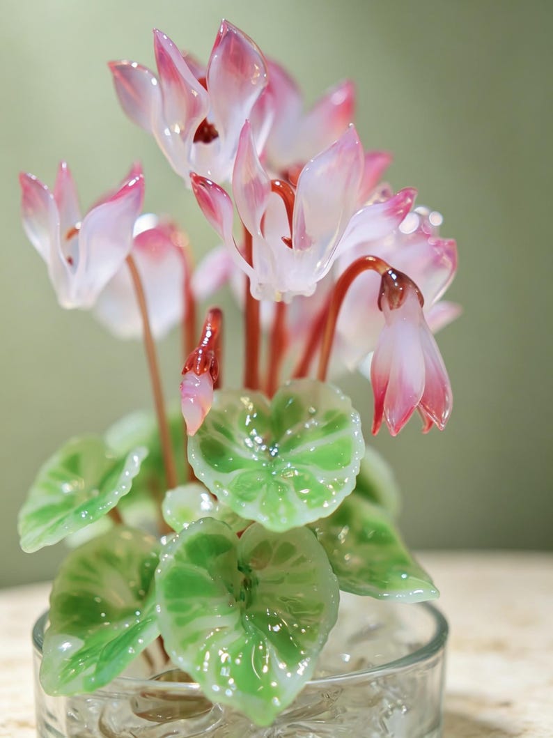 May include: A glass sculpture of a cyclamen plant featuring delicate pink and white petals with deep red centers. The plant has translucent green leaves with lighter veining and thin reddish stems, all contained within a clear glass vessel.
