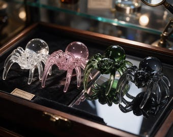 May include: Four glass spider figurines arranged in a row. The spiders are clear, light pink, dark green, and black. Each spider features a rounded abdomen, eight curved legs, and small dark eyes, displayed inside a wooden box.