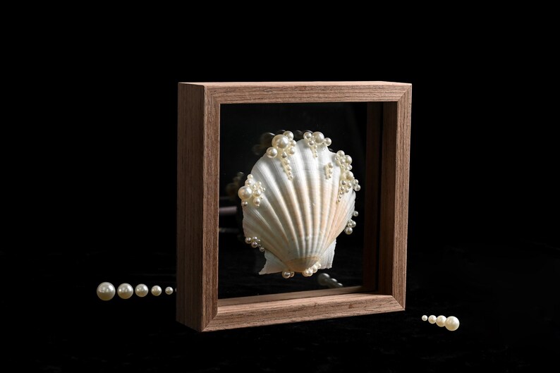 May include: A white scallop shell decorated with various sizes of white pearls, encased within a square wooden shadow box frame. The shell is positioned centrally behind the glass, with additional loose pearls scattered near the base of the frame.