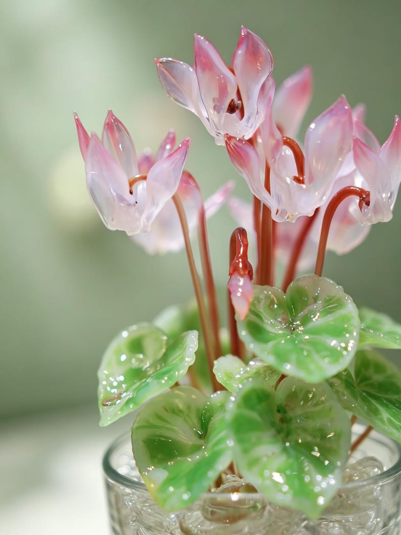 May include: A glass sculpture of a cyclamen plant featuring delicate, translucent pink and white petals on slender reddish-brown stems. The plant has heart-shaped green leaves with lighter variegated patterns, all set within a clear glass container.