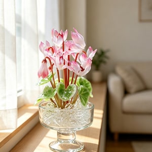 May include: A glass pedestal bowl filled with clear glass pebbles containing a decorative arrangement of cyclamen flowers. The flowers feature delicate white and pink petals with deep red centers, supported by thin red stems and green heart-shaped leaves.