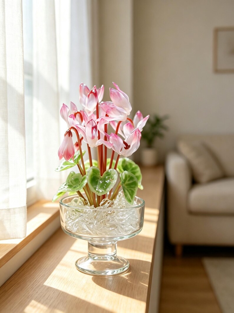 May include: A glass pedestal bowl filled with clear glass pebbles containing a decorative arrangement of cyclamen flowers. The flowers feature delicate white and pink petals with deep red centers, supported by thin red stems and green heart-shaped leaves.