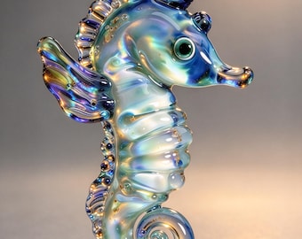 May include: A glass seahorse figurine featuring an iridescent finish with swirling blue, teal, and gold hues. The sculpture displays a curved tail, a prominent dorsal fin, and a detailed head with a dark eye, showcasing a translucent, glossy surface.