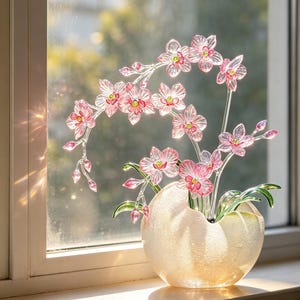 Ręcznie robiona szklana orchidea w doniczce – kompozycja kwiatowa z różowego Phalaenopsis w doniczce artystycznej, prezent do domu