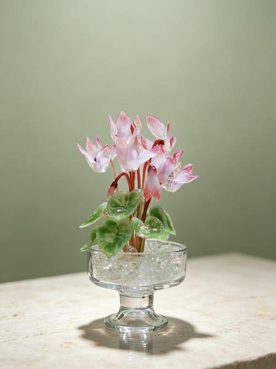 Handmade Art Glass Cyclamen Floral Sculpture, Realistic Pink Faux Plant, Minimalist Tabletop Decor, Perfect Housewarming Gift for Her