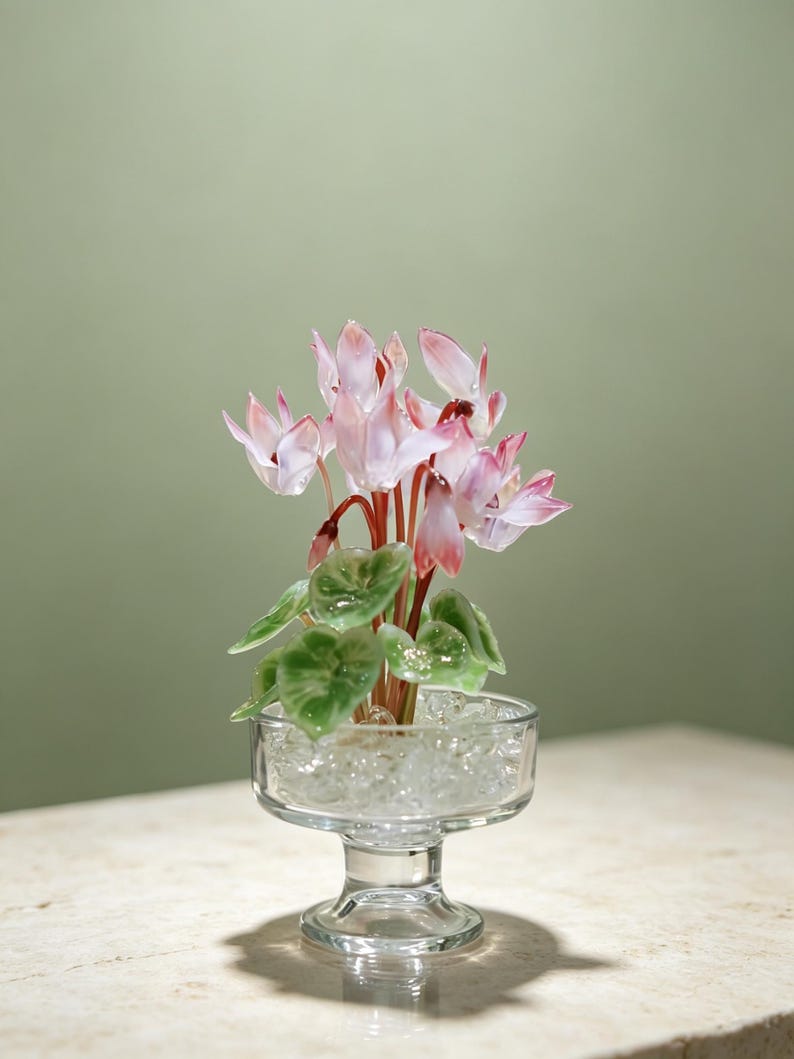 May include: A glass sculpture of a cyclamen plant with delicate pink and white petals and green leaves. The plant is set in a clear glass pedestal bowl filled with small, translucent glass beads that mimic the appearance of water or soil.