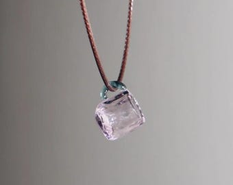 Handmade Glass Ice Cube Pendant Necklace – Pastel Lilac Cube Charm, Aqua Loop, Minimal Lampwork Jewelry, Unique Gift, Father's Day gift