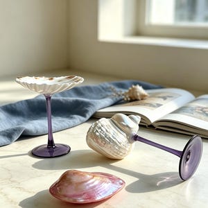 Può includere: Due calici con base e stelo in vetro viola. Un calice presenta una coppa bianca a forma di conchiglia smerlata, mentre l'altro ha una coppa a forma di conchiglia a spirale. Una conchiglia rosa iridescente è appoggiata in primo piano.