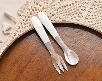 Juego de cuchara y tenedor de concha natural hechos a mano / Utensilios de nácar, regalo para el Día del Padre