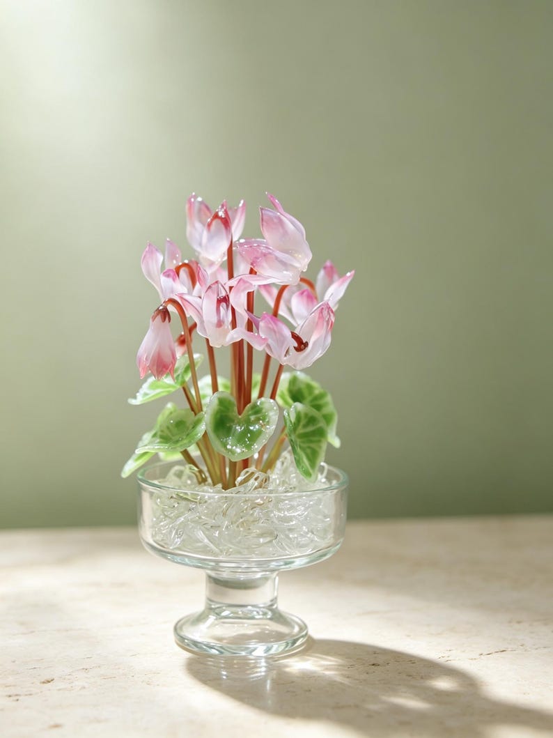 May include: A glass sculpture of a cyclamen plant with delicate pink and white petals, thin brown stems, and green heart-shaped leaves. The plant is set in a clear glass pedestal bowl filled with clear glass shards that mimic ice or water.
