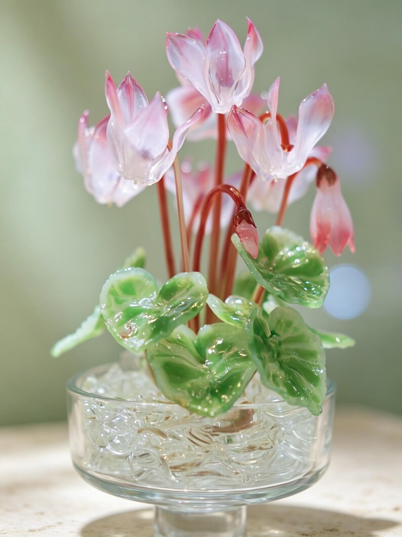 May include: A glass sculpture of a cyclamen plant featuring delicate pink and white petals with deep red stems. The plant has glossy green leaves and is set in a clear glass bowl filled with small, translucent glass pebbles at the base.