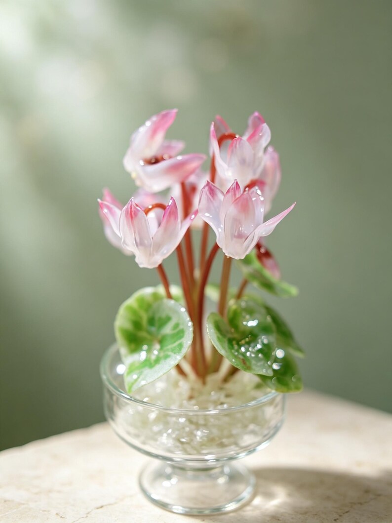 May include: A glass sculpture of a cyclamen plant with delicate, translucent pink and white petals, slender reddish-brown stems, and variegated green leaves, all contained within a clear glass pedestal bowl filled with small, clear glass beads.