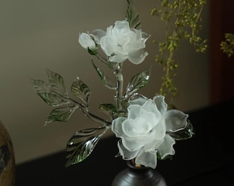 Handblown Glass Gardenia Flower Stem, Everlasting White Floral Decor, Lampwork Glass Flower Branch, Handmade Glass Art Gift