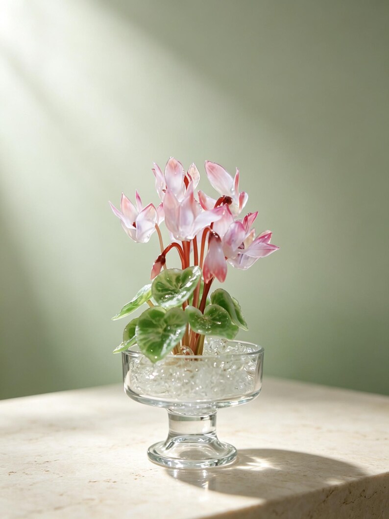 May include: A glass cyclamen plant with delicate light pink and white petals, deep red stems, and variegated green leaves. The plant is potted in a clear glass pedestal bowl filled with small, translucent, decorative glass pebbles.