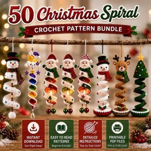 以下が含まれることがあります： 50種類のクリスマススパイラルかぎ針編みパターンバンドルのデジタル広告。雪だるま、月、サンタクロース、トナカイ、ツリーなど、8つの吊り下げ式かぎ針編みオーナメントが特徴です。テキストには、Instant Download、Easy to Read Patterns、Detailed Instructions、Printable PDF Filesが含まれています。