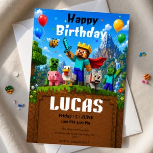 May include: A rectangular birthday invitation card featuring a blocky, pixelated landscape with a character wearing a crown and cape, holding a sword. The text reads Happy Birthday, Lucas, Friday / 5 / JUNE, 1:00 PM 3:00 PM, The Minecraft Garden, 555.