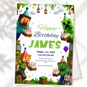 May include: A rectangular birthday invitation card featuring Minecraft characters wearing party hats and holding cakes. The text reads Happy Birthday JAMES, Friday 15 JULY, 2:00 AM 3:00 AM, The Minecraft Garden, 99 Minecraft Road Old Valley CA 999, RSVR at 92323234524.