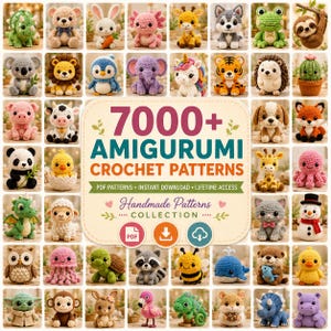 Può includere: Una collezione digitale di oltre 7000 schemi per uncinetto amigurumi con una griglia di varie figure di animali all'uncinetto, tra cui un dinosauro, orso, coniglio, axolotl, giraffa, cane, rana, bradipo, koala, leone, pinguino, elefante e cactus.