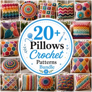 May include: A collection of over twenty colourful crochet cushion patterns displayed in a grid, featuring various designs like granny squares, floral motifs, and geometric shapes, with a central circular graphic labelled 20+ Pillows Crochet Patterns Bundle.