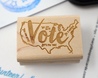 Mary Likes Postcards Vote with a map of the USA. A rubber stamp for your postcards and scrapbooking, perfect for get out the vote