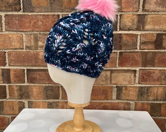 Luxuriöse Marine Strickmütze aus Merinowolle - Acadian Herbstlaub Handstrickmütze mit Handgefärbtem Garn