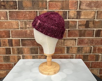 Luxury Maroon Folded Brim Merino Wool Beanie - Teenie Weenie Beanie Hand Knit Hat with Hand Dyed Yarn