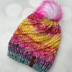 Luxus Regenbogen Merino Wolle Strickmütze - Petrol, Pink, Lila, Gelb und Orange gestreifte Swirls Handstrickmütze mit handgefärbtem Garn