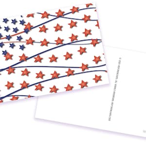 May include: Two white postcards with a patriotic design. The front postcard features a pattern of red stars and blue stars with blue and red curved lines. The back postcard is blank with text that reads "© 2021 REFCREATIVES. ALL RIGHTS RESERVED. REFCREATIVES.COM."