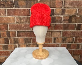 Luxury Deep Coral Orange Double Brim Merino Wool Beanie - Hand Knit Hat with Hand Dyed Yarn