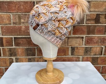 Luxury Feathertail Merino Wool Beanie - Bronze Silver Pink Hand Knit Hat with Hand Dyed Yarn