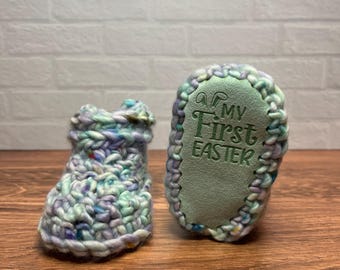 3-6 months - Luxury Green Purple “My First Easter” Merino Wool Crochet Baby Booties - Hand Crocheted Baby Booties with Hand Dyed Yarn