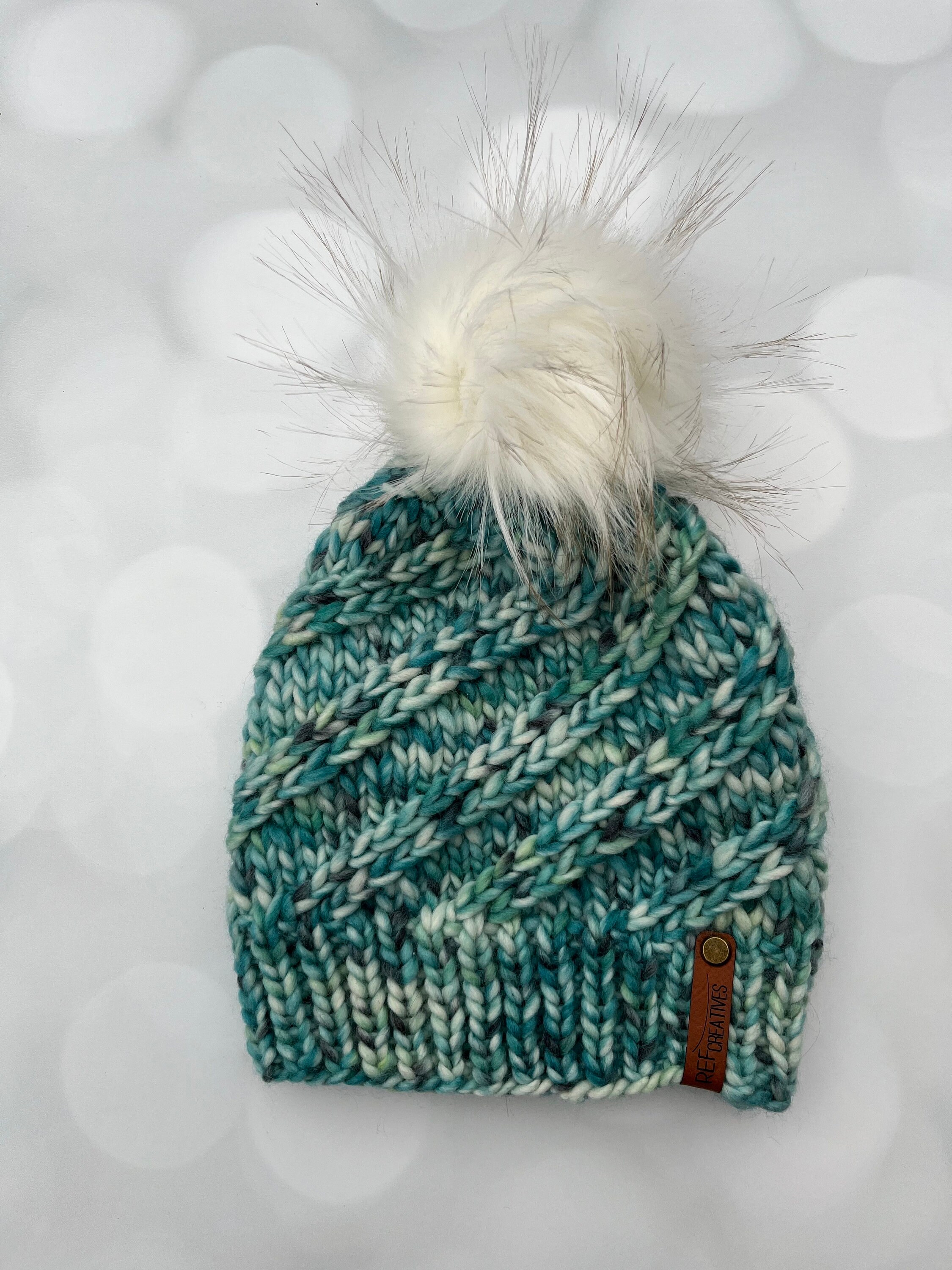 Luxury Teal Merino Wool Knit Hat - Teal and White Swirls  display picture 1