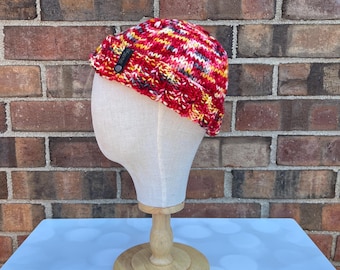 Luxury Red Folded Brim Merino Wool Beanie -  Teenie Weenie Beanie Hand Knit Hat with Hand Dyed Yarn