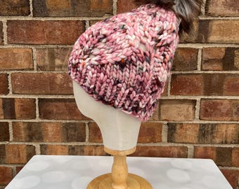 Luxus Mauve Merino Wolle Strickmütze - Acadian Herbst Blätter Handstrickmütze mit Handgefärbten Garn