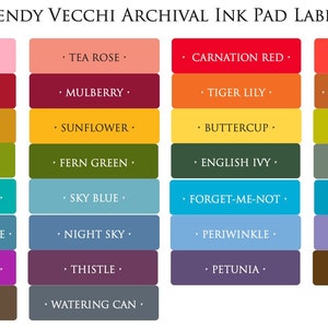 May include: A set of 24 ink pad labels with names inspired by nature. The labels are arranged in four rows of six, with each label featuring a different color and name. The names include Pink Peony, Tea Rose, Red Geranium, Mulberry, Goldenrod, Sunflower, Leaf Green, Fern Green, Garden Patina, Sky Blue, Cornflower Blue, Night Sky, Cactus Flower, Thistle, Acorn, Watering Can, Carnation Red, Tiger Lily, Buttercup, Poppy, Orange Blossom, Prickly Pear, English Ivy, Peat Moss, Forget-Me-Not, Periwinkle, Petunia, Bluebird, Violet, and Potting Soil.