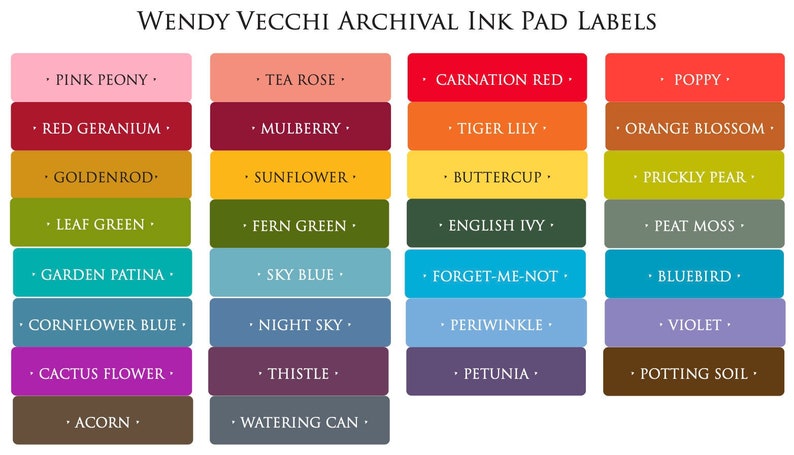 May include: A set of 24 ink pad labels with names inspired by nature. The labels are arranged in four rows of six, with each label featuring a different color and name. The names include Pink Peony, Tea Rose, Red Geranium, Mulberry, Goldenrod, Sunflower, Leaf Green, Fern Green, Garden Patina, Sky Blue, Cornflower Blue, Night Sky, Cactus Flower, Thistle, Acorn, Watering Can, Carnation Red, Tiger Lily, Buttercup, Poppy, Orange Blossom, Prickly Pear, English Ivy, Peat Moss, Forget-Me-Not, Periwinkle, Petunia, Bluebird, Violet, and Potting Soil.