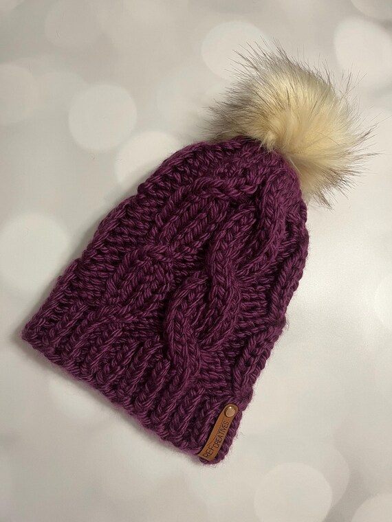 Purple Knit Hat - Cabled Hand Knit Hat - Etsy display picture 3