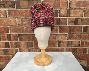 Luxury Maroon Black Brown Double Brim Merino Wool Beanie - Hand Knit Hat with Hand Dyed Yarn