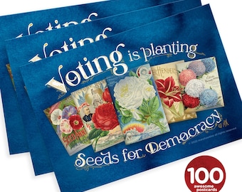 Mary Likes-ansichtkaarten Set van 100 'Seeds for Democracy'-ansichtkaarten, perfect voor ansichtkaarten voor kiezers en andere campagnes om te stemmen.