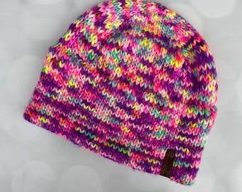Luxury Purple Aqua White Yellow Pink Double Brim Merino Wool Beanie - Neon Hand Knit Hat with Hand Dyed Yarn