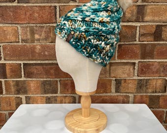 Luxury Teal White Brown Sparkles Merino Wool Knit Hat - Glitter Swirls Hand Knit Hat with Hand Dyed Yarn