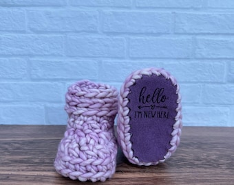 3-6 months - Luxury Lavender “Hello I’m New Here” Merino Wool Crochet Baby Booties - Hand Crocheted Baby Booties with Hand Dyed Yarn