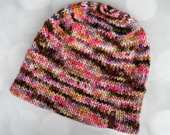 Luxury Olive Brown Pink Purple Double Brim Merino Wool Beanie - Warm and Pastel Hand Knit Hat with Hand Dyed Yarn