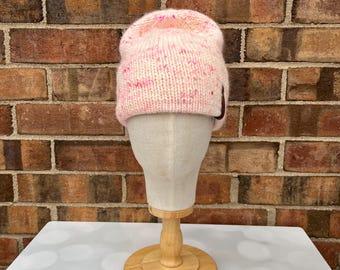 Luxus Weiß und Rosa doppelte Krempe Merino Wolle Mütze - Fuzzy Rosa gesprenkelte Handstrickmütze mit Handgefärbten Garn